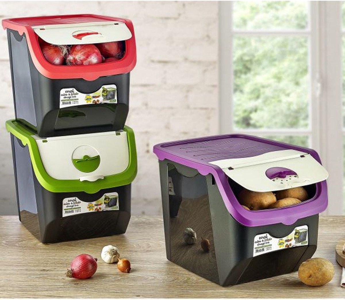 Bewaardoos voor Aardappels , Groenten en Fruit met Deksel - 12L - Zwart/Mint EE1060Mnt