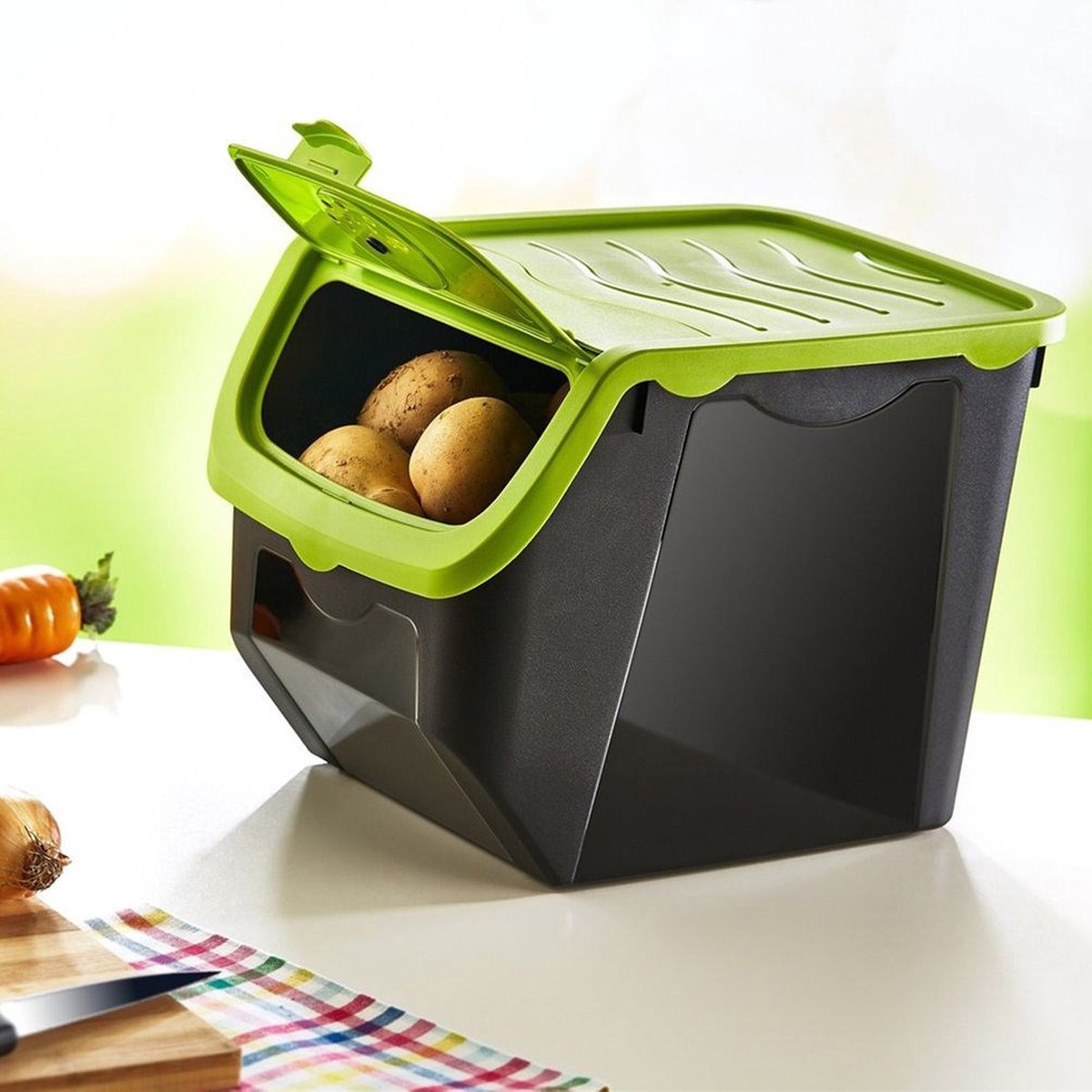Bewaardoos voor Aardappels , Groenten en Fruit met Deksel - 12L - Zwart/Mint EE1060Mnt
