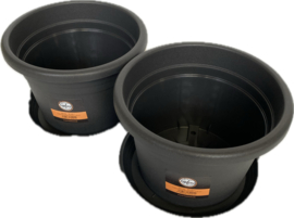 Set van 2 stuks - Bloempot/Plantenpot met Onderzetter - 20 x 14 cm - Kunststof - Antraciet  CC9005