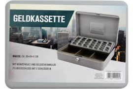 Metalen geldkist 30x24x9 cm met euro sorteerplaat - 2 sleutels - 3 biljet compartimenten  HE0100