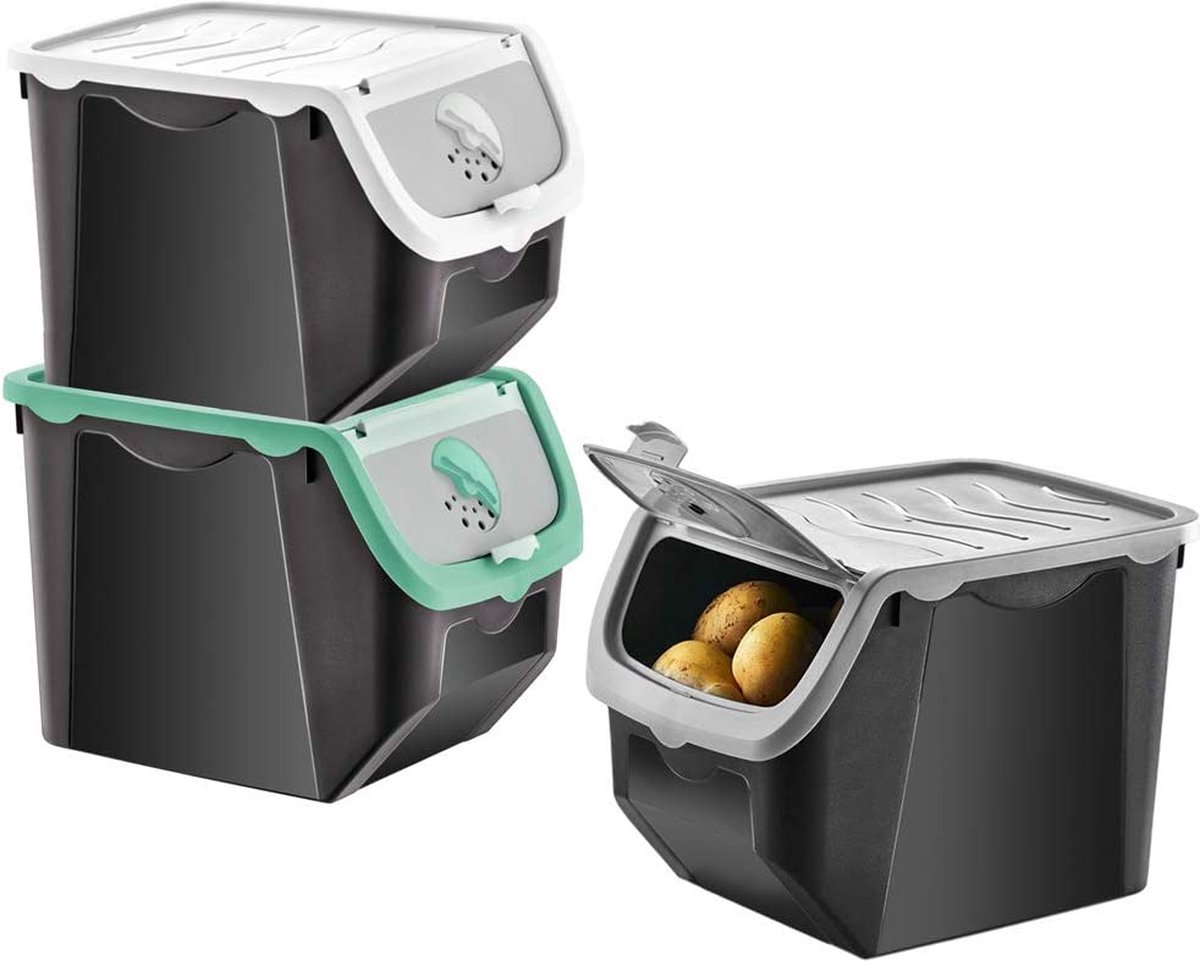 Bewaardoos voor Aardappels , Groenten en Fruit met Deksel - 12L - Zwart/Mint EE1060Mnt