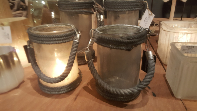 oud glazen windlicht grijs touw | lantaarns/ lampen thee - windlichten |