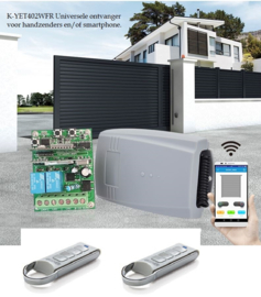 Set met 2 roling code zenders K-YET402WFR Universele ontvanger voor handzenders en/of smartphone.