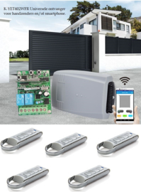 Set met 5 roling code zenders K-YET402WFR Universele ontvanger voor handzenders en/of smartphone.