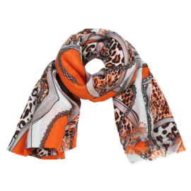 Sjaal met ketting- en riemprint in wit/oranje
