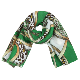 Sjaal met ketting- en riemprint in wit/groen