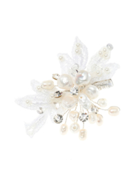 Hair clip of ivory colored lace, freshwater pearls and rhinestones