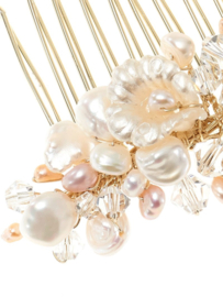 gold-colored hair jewel on a comb with crystals and freshwater pearls