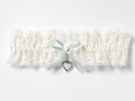White lace garter with blue bow and medaillion for 2 photos