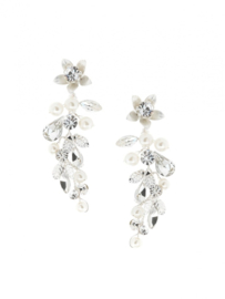 Earrings in the shape of a twig with leaves and flowers of pearls and rhinestones