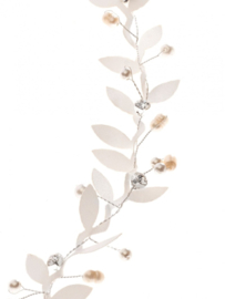 Hair jewel in the shape of  twig with fabric leaves and natural pearls