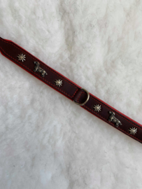 Set mooie dubbel lederen halsband ( rood ) edelweiss  ( 35 cm) en bijpassende  lijn,   hand gemaakt