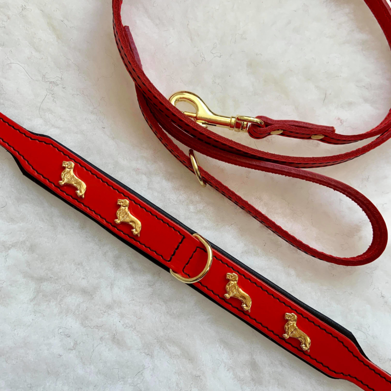 Set rode lederen halsband en bijpassende rode lijn 120 cm, handgemaakt