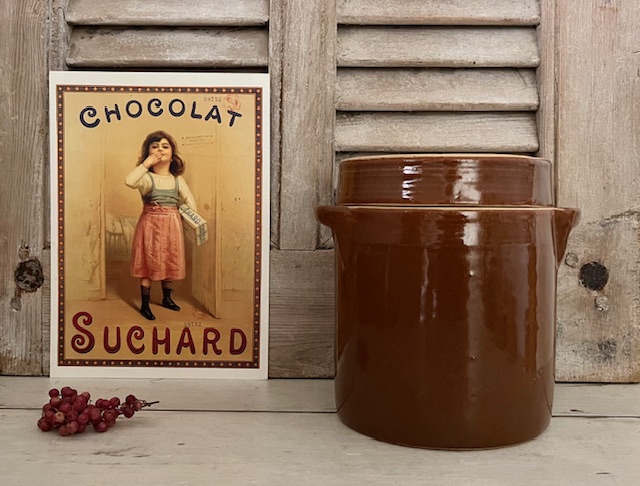 Vintage Franse grès pot olijvenpot met deksel bruin geglazuurd