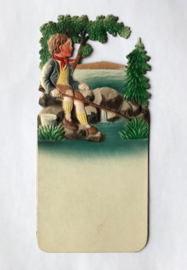 Vintage Duitse gestanst kartonnen kalender houder vissertje