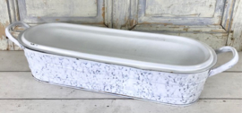 Grote Franse geëmailleerde vintage vispan visketel wit blauw gewolkt