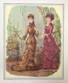 Franse modeprent lithografie Mademoiselle avec robe brun et rose