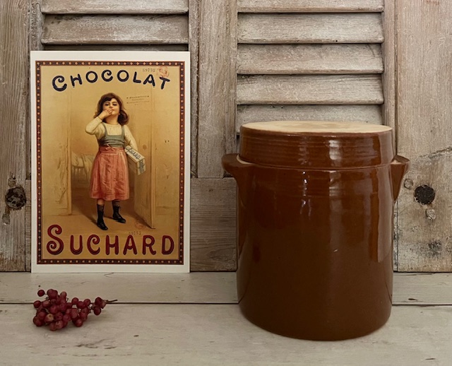 Vintage Franse grès pot olijvenpot met deksel bruin geglazuurd