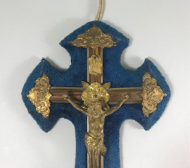 Frans Crucifix wijwatervat blauw fluweel 1920 zeldzaam