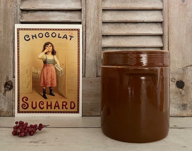 Vintage Franse grès pot olijvenpot met deksel bruin geglazuurd