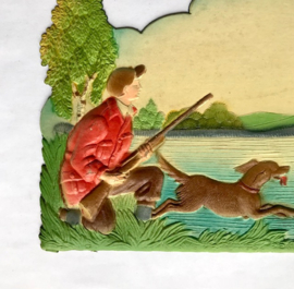 Vintage Dresdner Pappe kartonnen kalender houder jager met hond