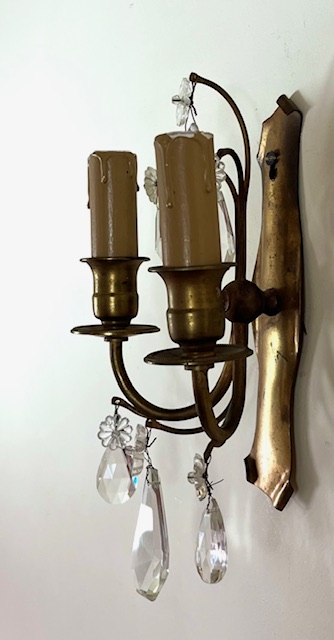 Set antieke koperen / messing wandlampjes met glazen pegels