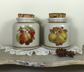 Franse grès potten mosterdpotten set met kurken en fruitdecoratie