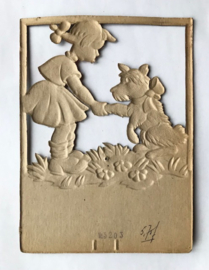 Vintage Dresdner Pappe kalender houder meisje met hond