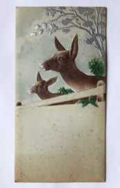 Vintage Duitse gestanst kartonnen kalender houder twee reeënkoppen