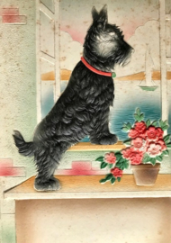 Vintage Dresdner Pappe kalender houder hondje en bloempot