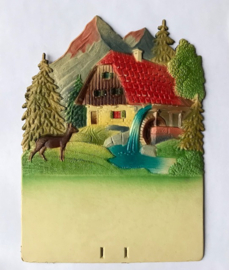 Vintage Dresdner Pappe kartonnen kalender houder reetje bij watermolen