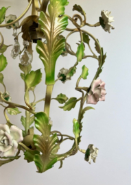 Antieke Franse metalen kroonluchter met porseleinen roosjes. Uniek!
