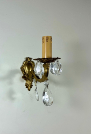 Antiek Frans messing wandlampje met glaspegel