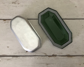 Vintage Franse geëmailleerde aluminium lunchbox met inzet bakje groen/wit gewolkt