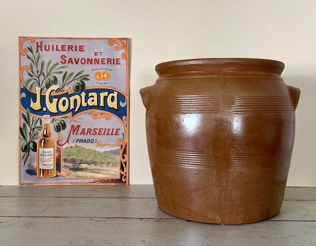 Vintage grote bruine olijvenpot grès pot met grepen