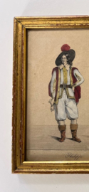 Antieke ingekleurde tekening met kostuums uit de 19e eeuw