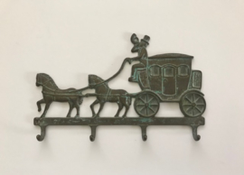 Vintage Frans koperen sleutelrekje kapstokje paarden met koets paard en wagen
