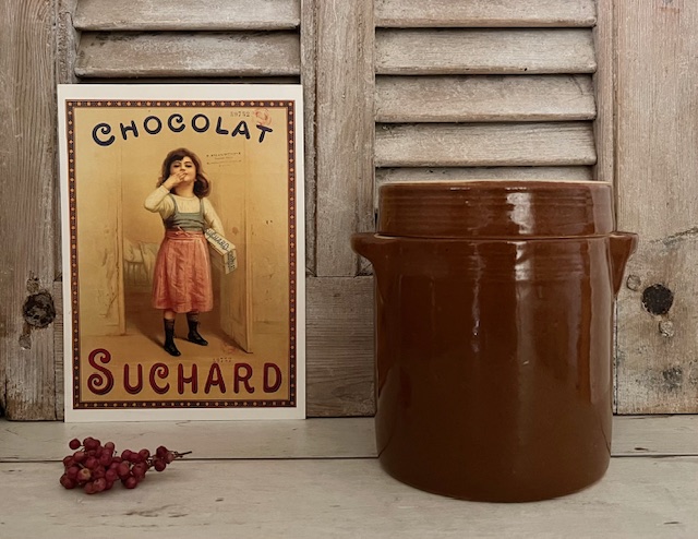 Vintage Franse grès pot olijvenpot met deksel bruin geglazuurd