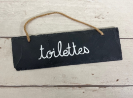 Frans vintage deurbordje van leisteen met wit opschrift Toilettes