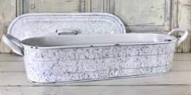 Grote Franse geëmailleerde vintage vispan wit blauw gewolkt