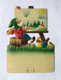 Vintage Duitse gestanst kartonnen kalender houder kabouter schildert