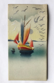 Vintage Duitse gestanst kartonnen kalender houder zeilboot en meeuwen
