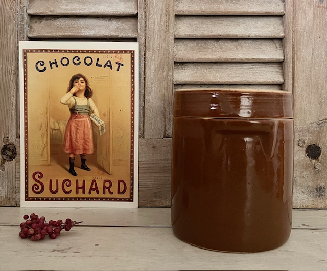 Vintage Franse grès pot olijvenpot met deksel bruin geglazuurd