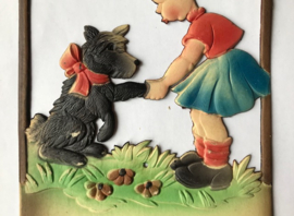 Vintage Dresdner Pappe kalender houder meisje met hond