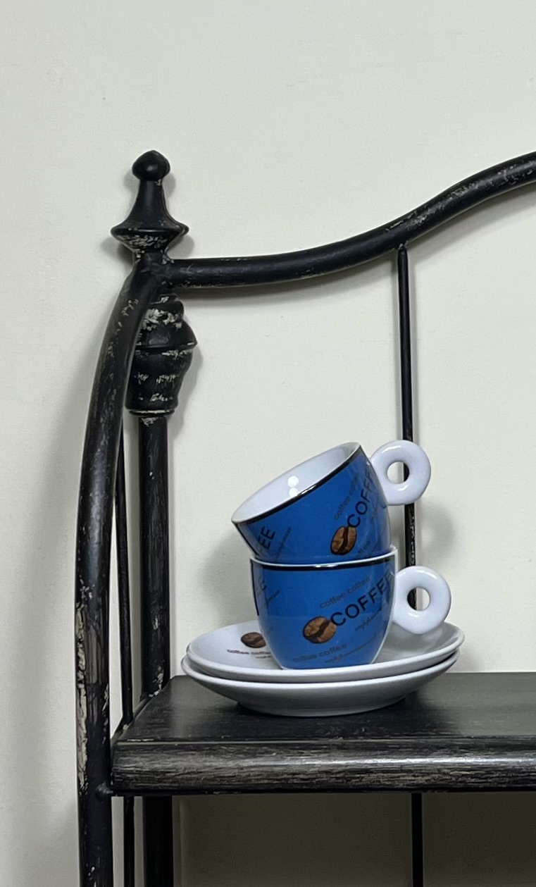 Vintage rood, geel en blauwe espresso kop en schotels (6x)