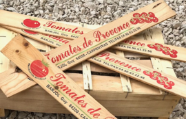 Plankje van tomatenkistje Tomates de Provence reclame latje