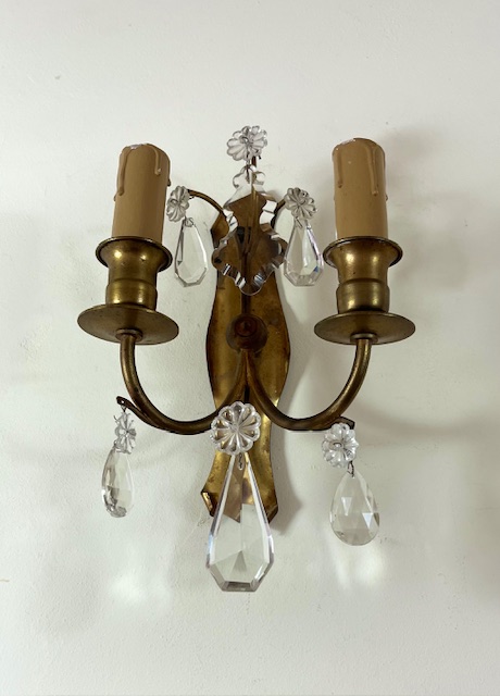 Set antieke koperen / messing wandlampjes met glazen pegels