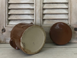 Franse vintage grès pot olijven pot met deksel bruin glanzend