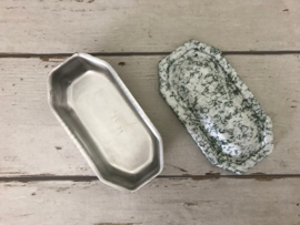 Vintage Franse geëmailleerde aluminium lunchbox met inzet bakje groen/wit gewolkt