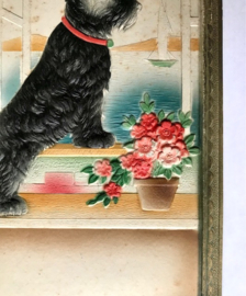 Vintage Dresdner Pappe kalender houder hondje en bloempot